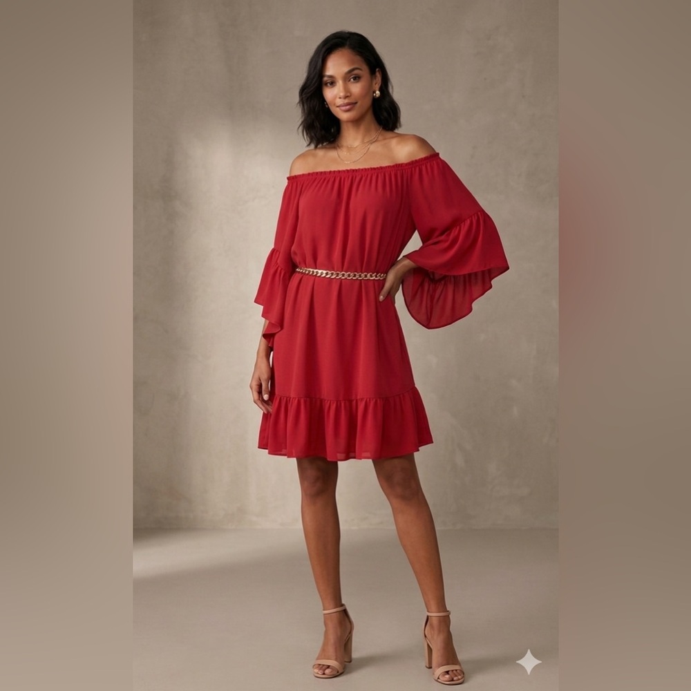 White House Black Market Red Off-The-Shoulder Ruffle Sleeve Dress Size M